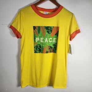 NWT LuLaRoe SMALL S Liv T Shirt "PEACE" Yellow Orange Green Ringer  NEW W/Tags